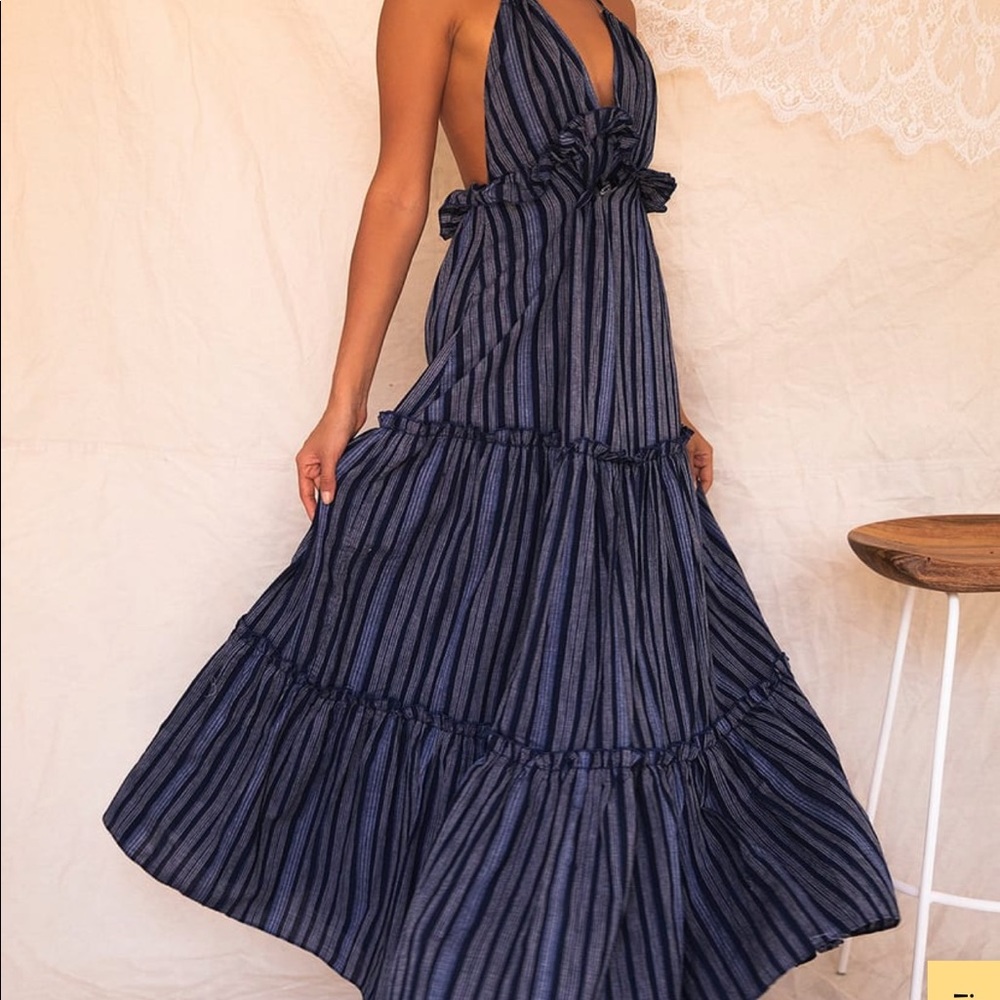NWT Lulus Vacay Babe Navy Blue Striped Halter Maxi Dress